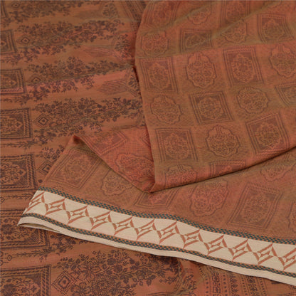 Sanskriti Vintage Brown Sarees 100% Pure Silk Printed Sari Craft 5 Yard Fabric