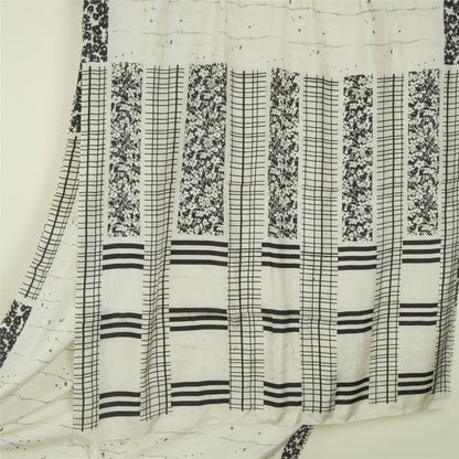 Sanskriti Vintage White/Black Sarees Pure Silk Printed Sari Craft 5 Yard Fabric