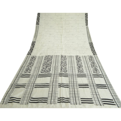 Sanskriti Vintage White/Black Sarees Pure Silk Printed Sari Craft 5 Yard Fabric