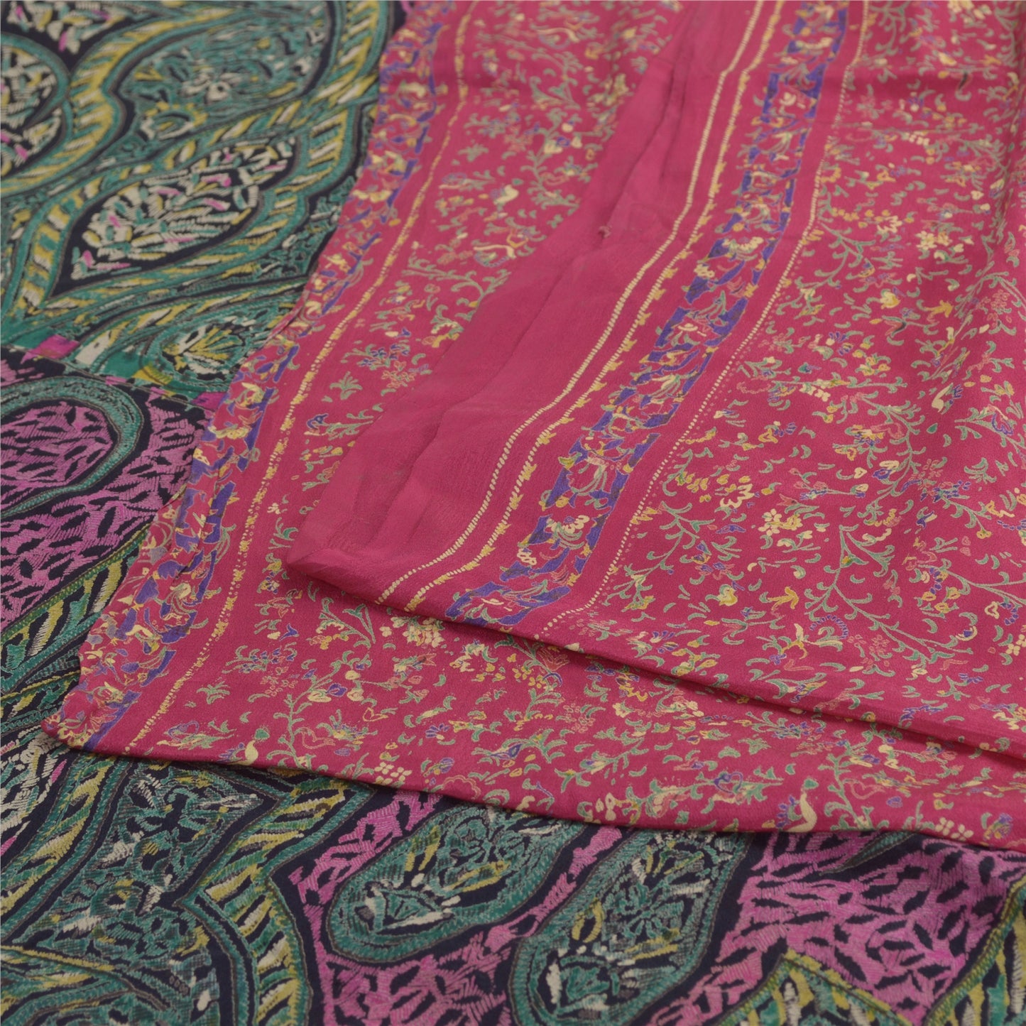 Sanskriti Vintage Pink/Green Sarees 100% Pure Silk Printed Sari 5yd Craft Fabric