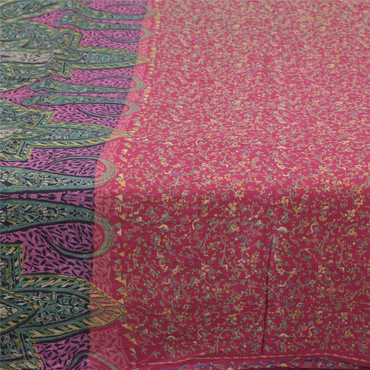 Sanskriti Vintage Pink/Green Sarees 100% Pure Silk Printed Sari 5yd Craft Fabric