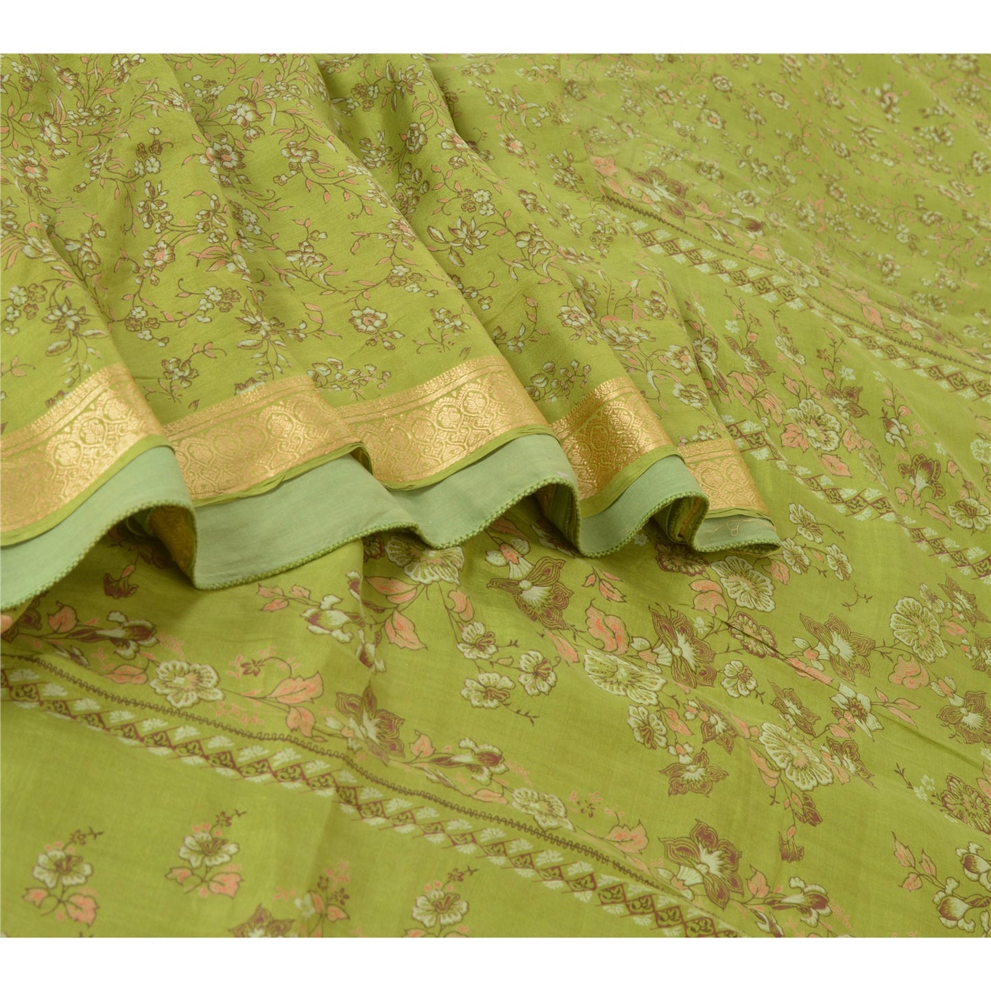 Sanskriti Vintage Sarees Green Printed Woven Border Pure Silk Sari Craft Fabric