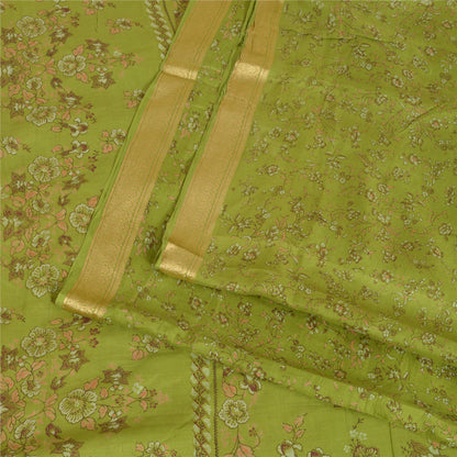 Sanskriti Vintage Sarees Green Printed Woven Border Pure Silk Sari Craft Fabric