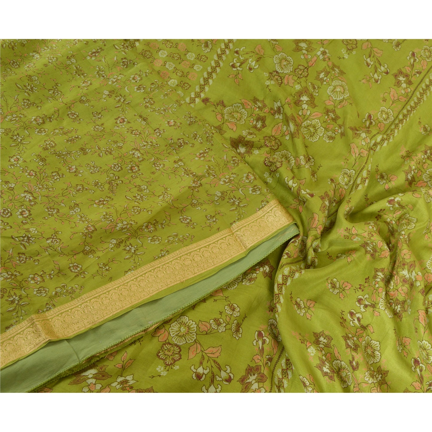 Sanskriti Vintage Sarees Green Printed Woven Border Pure Silk Sari Craft Fabric