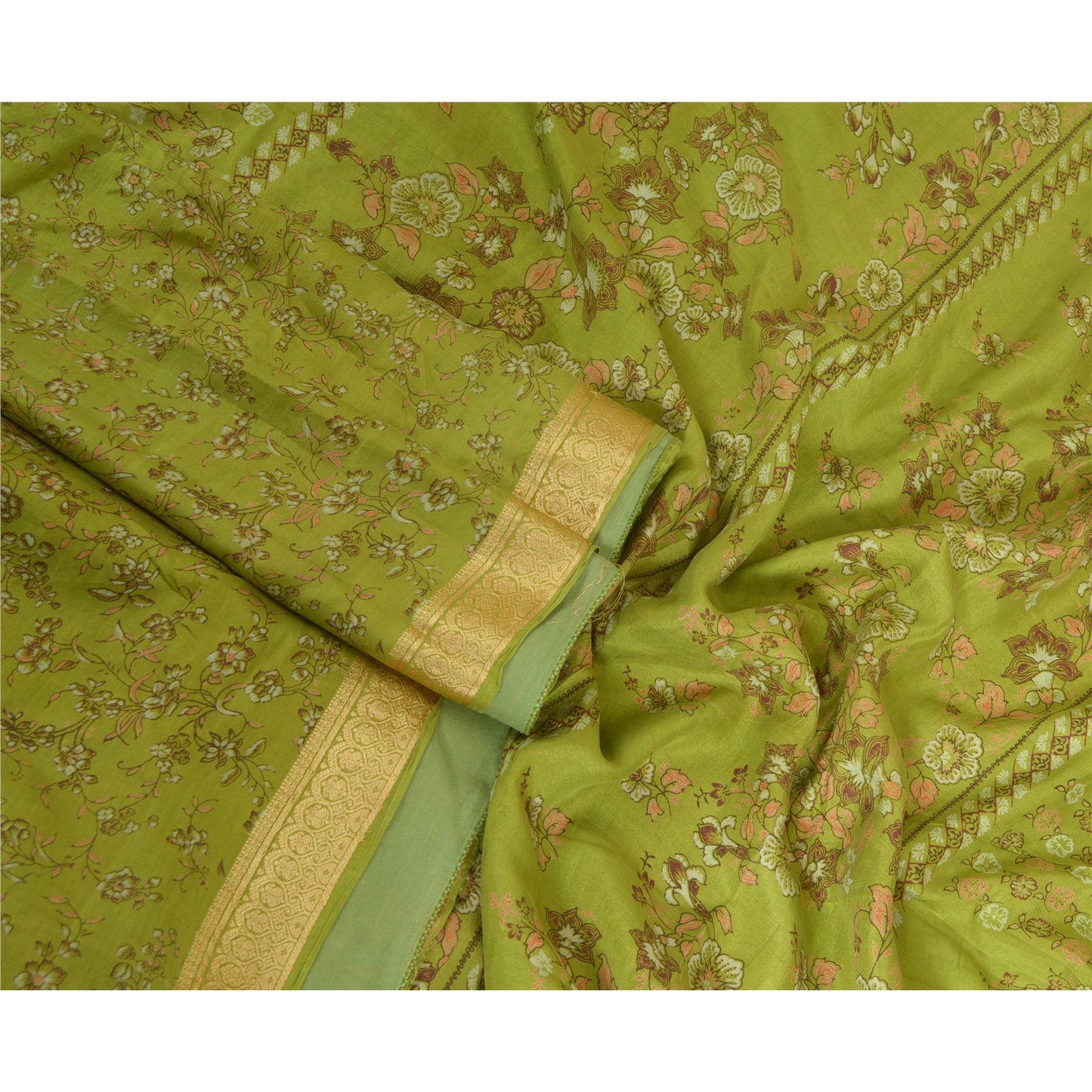 Sanskriti Vintage Sarees Green Printed Woven Border Pure Silk Sari Craft Fabric