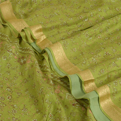 Sanskriti Vintage Sarees Green Printed Woven Border Pure Silk Sari Craft Fabric