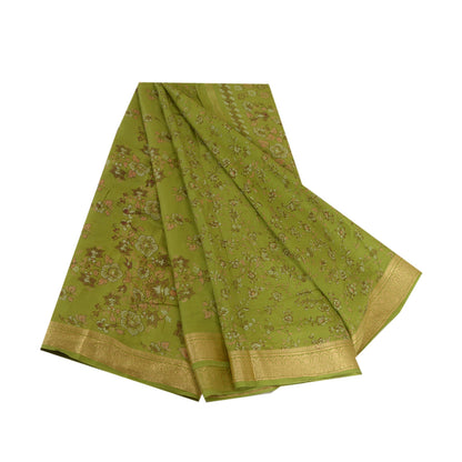 Sanskriti Vintage Sarees Green Printed Woven Border Pure Silk Sari Craft Fabric