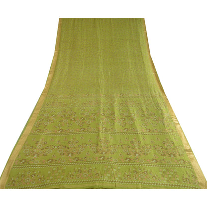 Sanskriti Vintage Sarees Green Printed Woven Border Pure Silk Sari Craft Fabric