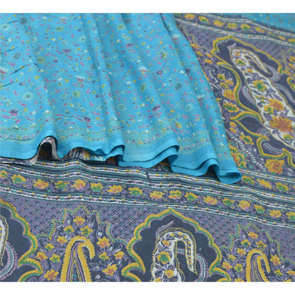 Sanskriti Vintage Sarees Blue 5yd Quilting Felting Craft Fabric Pure Cotton Sari