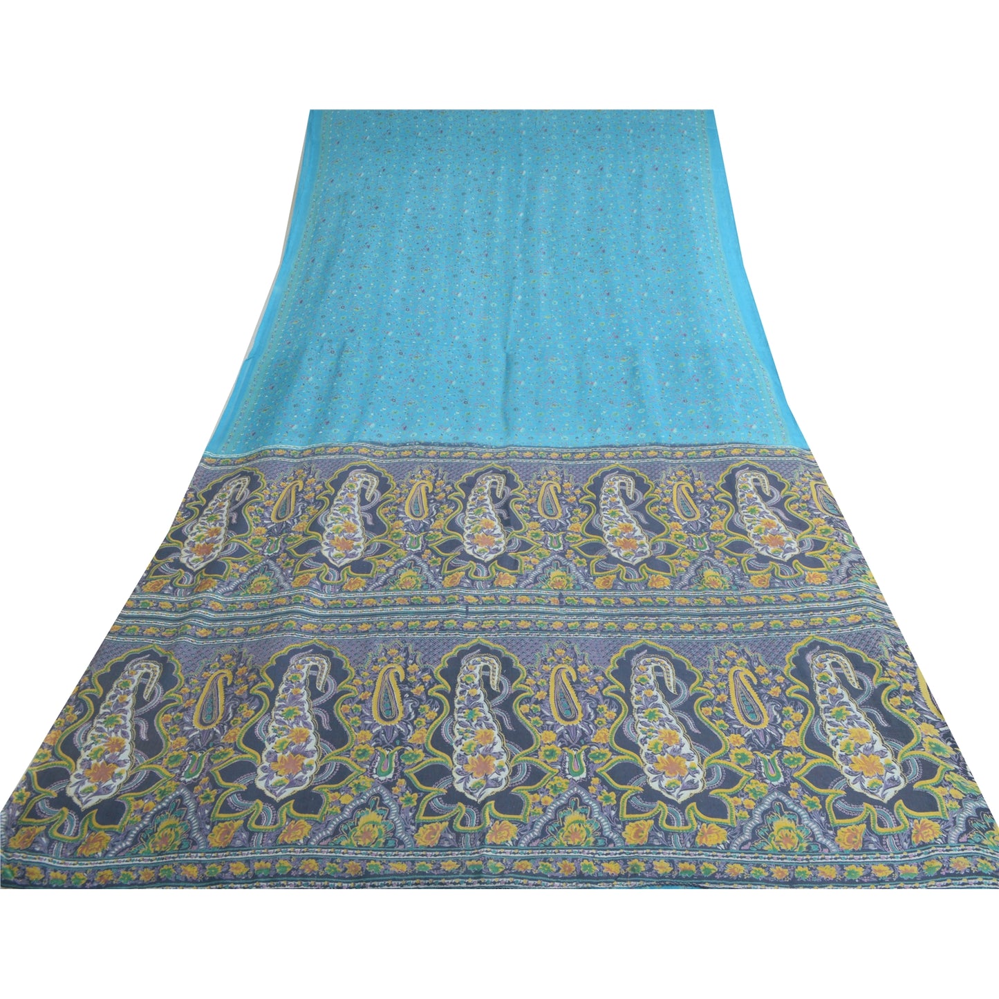 Sanskriti Vintage Sarees Blue 5yd Quilting Felting Craft Fabric Pure Cotton Sari