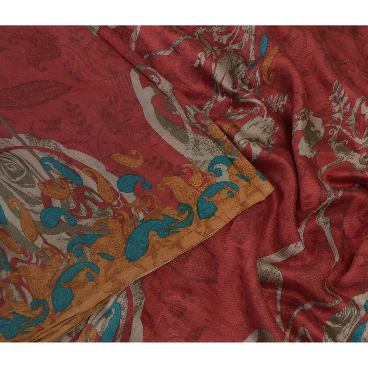 Sanskriti Vintage Sarees Red Pure Silk Quilting Felting Craft Fabric Print Sari