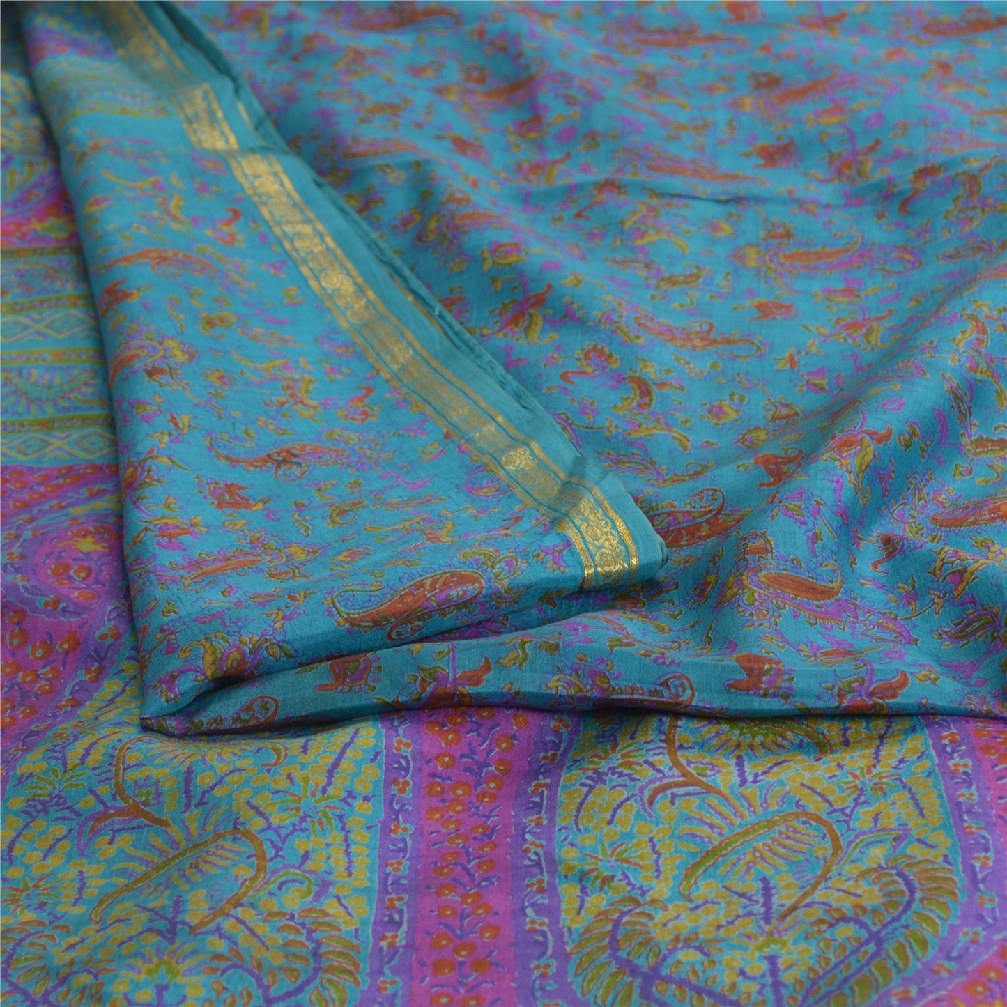 Sanskriti Vintage Blue Sarees Zari Border Pure Silk Printed Sari Craft Fabric