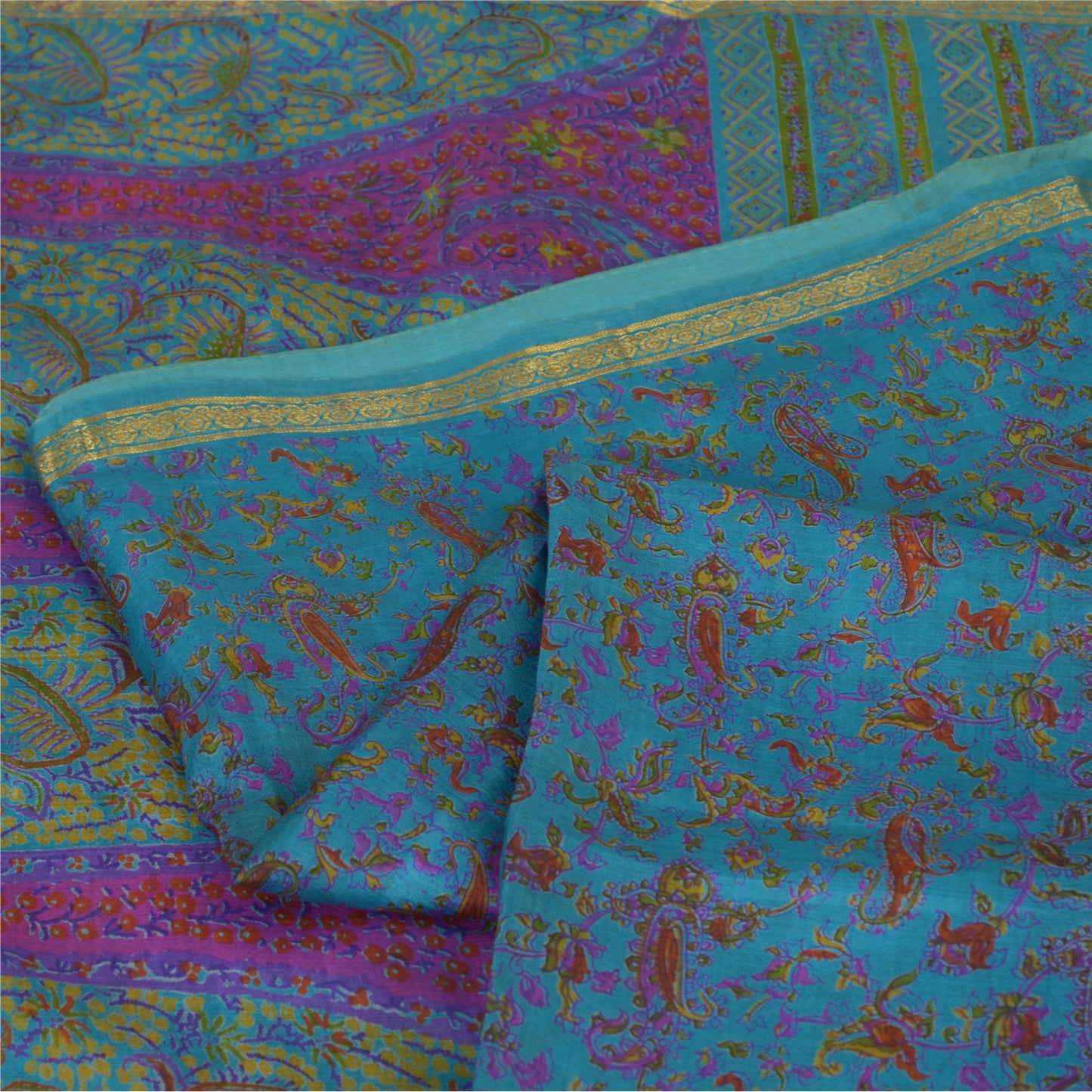 Sanskriti Vintage Blue Sarees Zari Border Pure Silk Printed Sari Craft Fabric