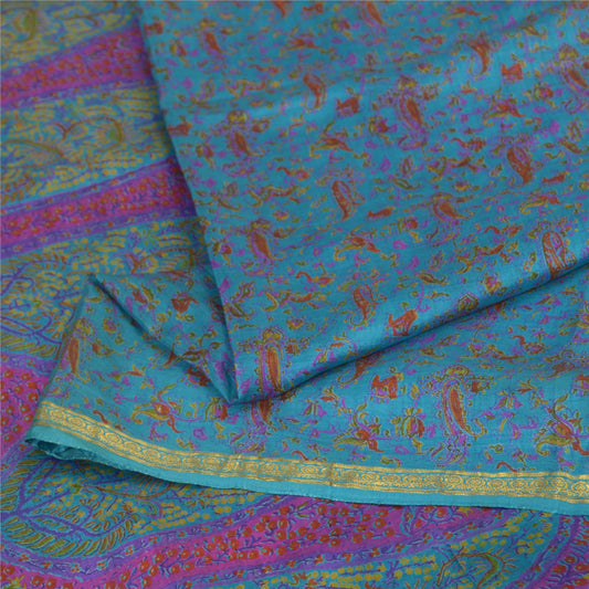 Sanskriti Vintage Blue Sarees Zari Border Pure Silk Printed Sari Craft Fabric