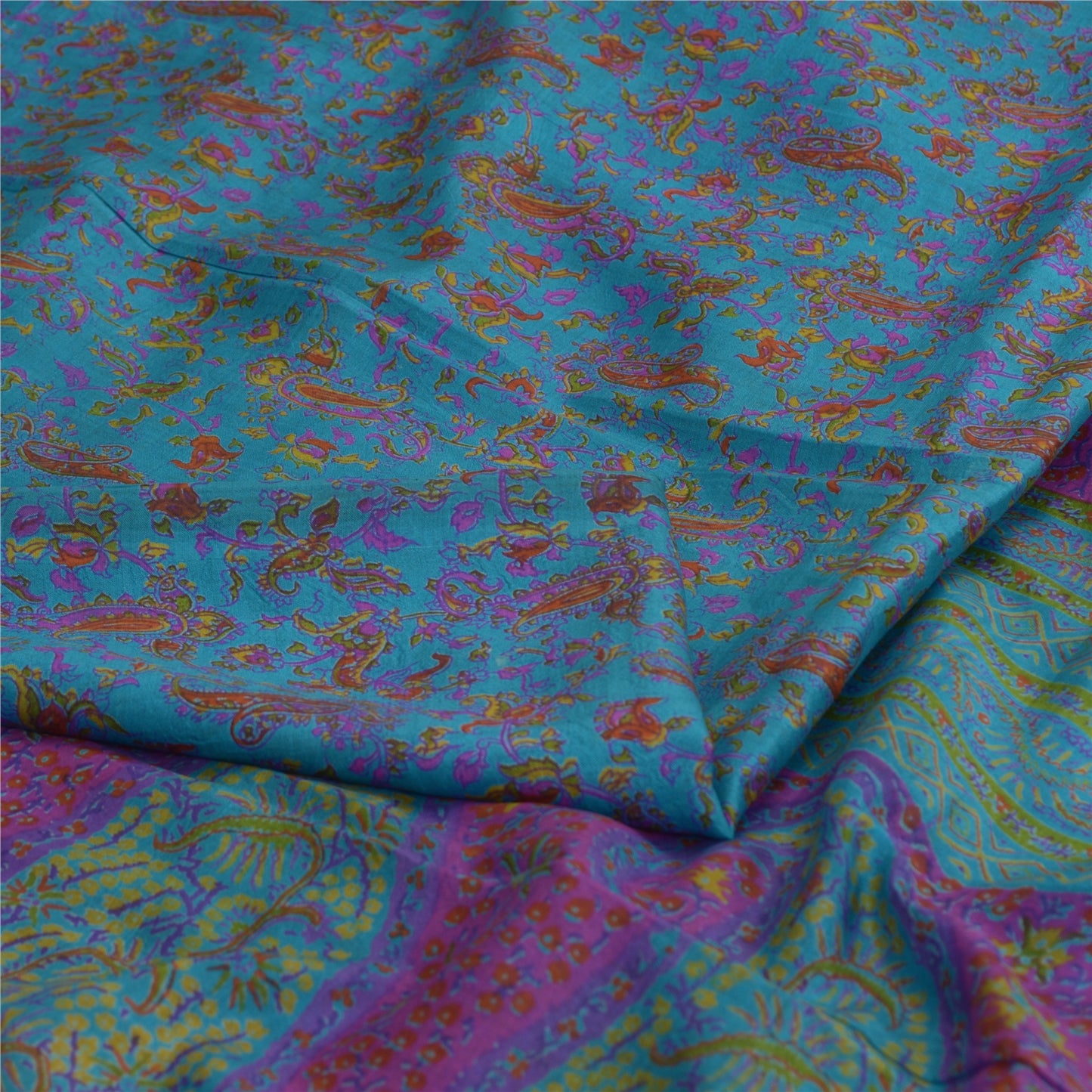 Sanskriti Vintage Blue Sarees Zari Border Pure Silk Printed Sari Craft Fabric