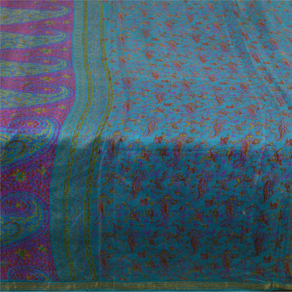 Sanskriti Vintage Blue Sarees Zari Border Pure Silk Printed Sari Craft Fabric