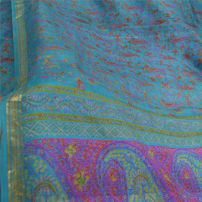 Sanskriti Vintage Blue Sarees Zari Border Pure Silk Printed Sari Craft Fabric