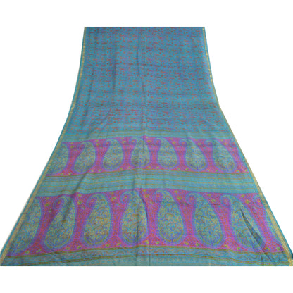 Sanskriti Vintage Blue Sarees Zari Border Pure Silk Printed Sari Craft Fabric