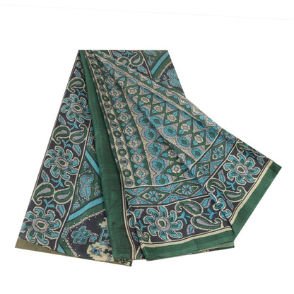 Sanskriti Vintage Sarees Green 100% Pure Silk Printed Sari Soft 5YD Craft Fabric