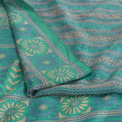 Sanskriti Vintage Sarees Sea-Green 100% Pure Silk Printed Sari 5yd Craft Fabric