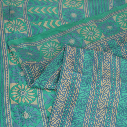 Sanskriti Vintage Sarees Sea-Green 100% Pure Silk Printed Sari 5yd Craft Fabric