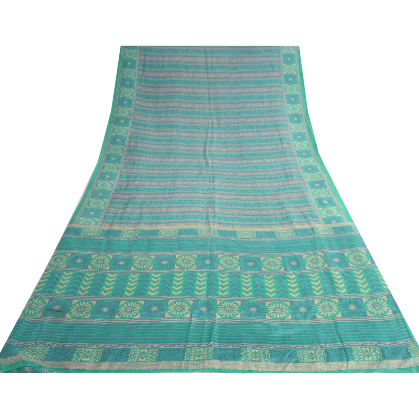 Sanskriti Vintage Sarees Sea-Green 100% Pure Silk Printed Sari 5yd Craft Fabric