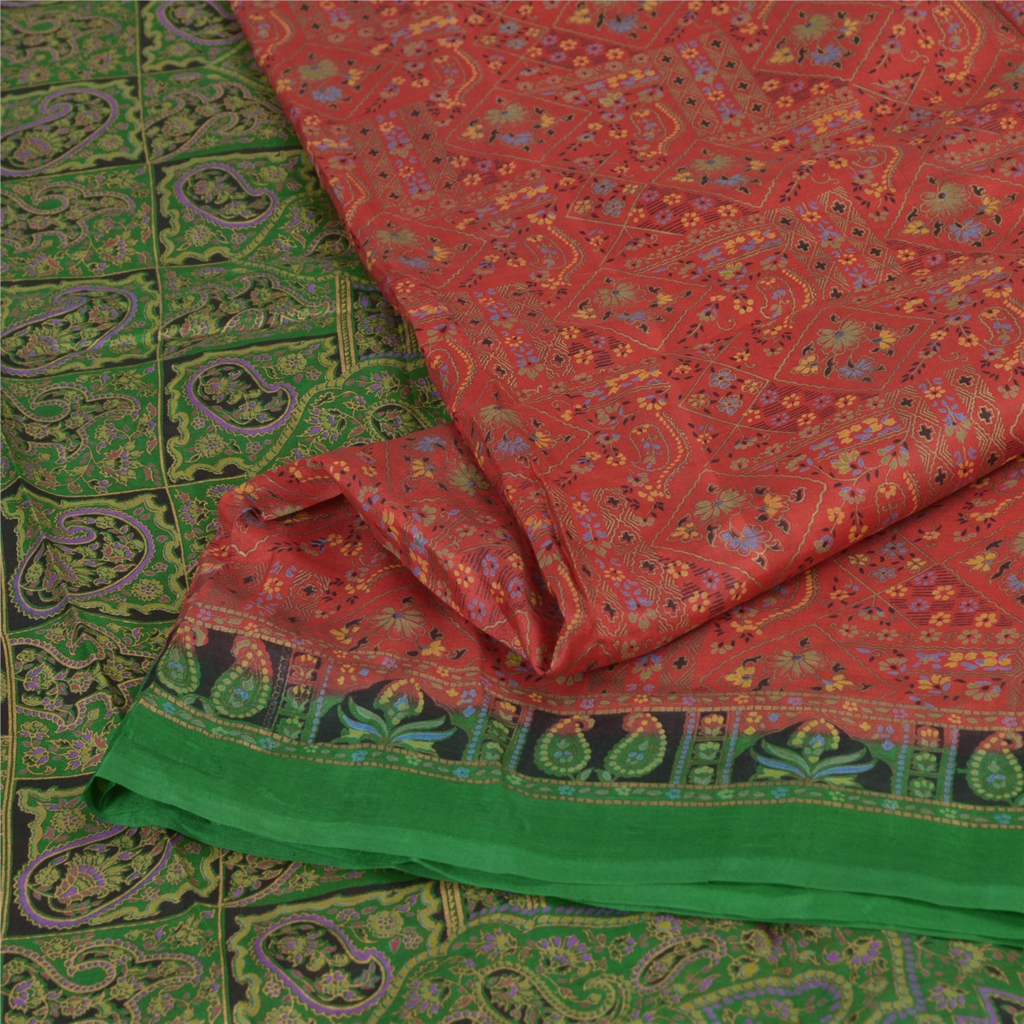 Sanskriti Vintage Sarees Red/Green Pure Silk Printed Sari Floral Craft Fabric