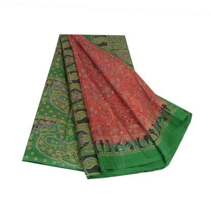 Sanskriti Vintage Sarees Red/Green Pure Silk Printed Sari Floral Craft Fabric