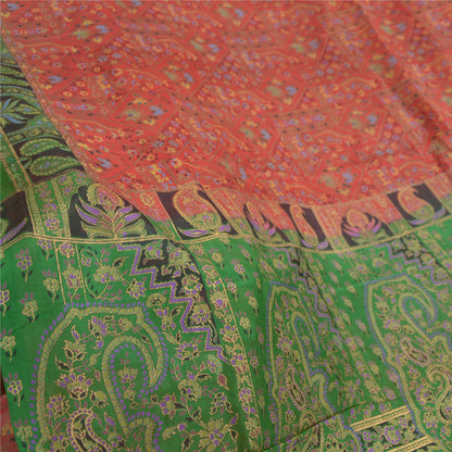 Sanskriti Vintage Sarees Red/Green Pure Silk Printed Sari Floral Craft Fabric