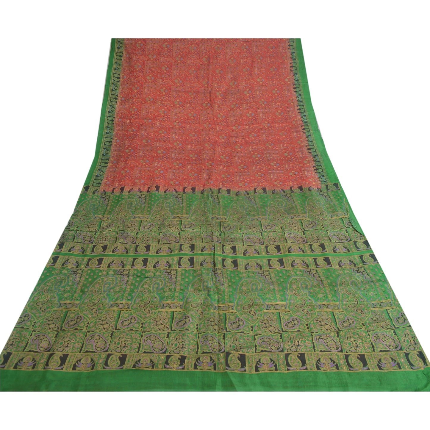 Sanskriti Vintage Sarees Red/Green Pure Silk Printed Sari Floral Craft Fabric