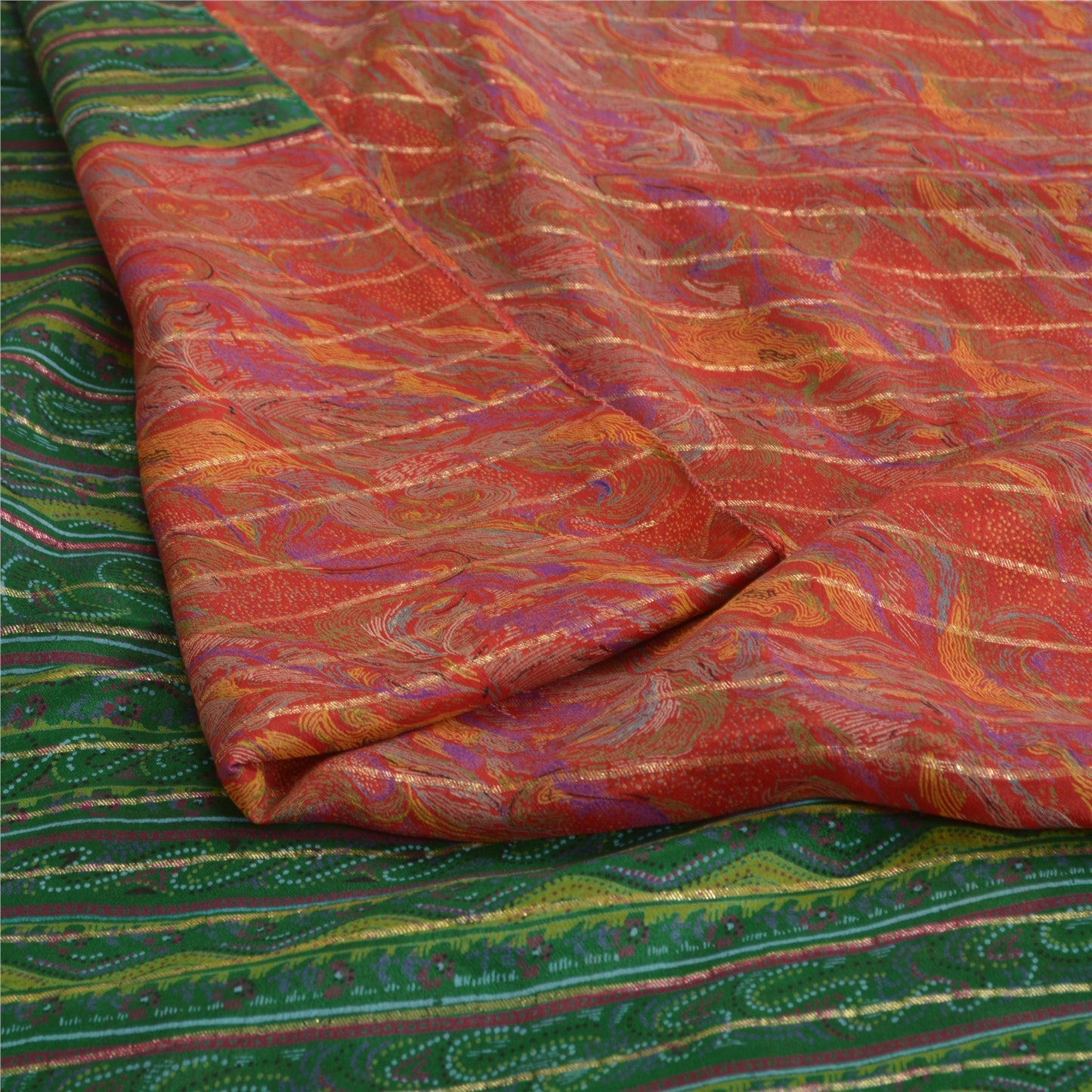 Sanskriti Vintage Sarees Indian Red 100% Pure Silk Printed Sari 5yd Craft Fabric