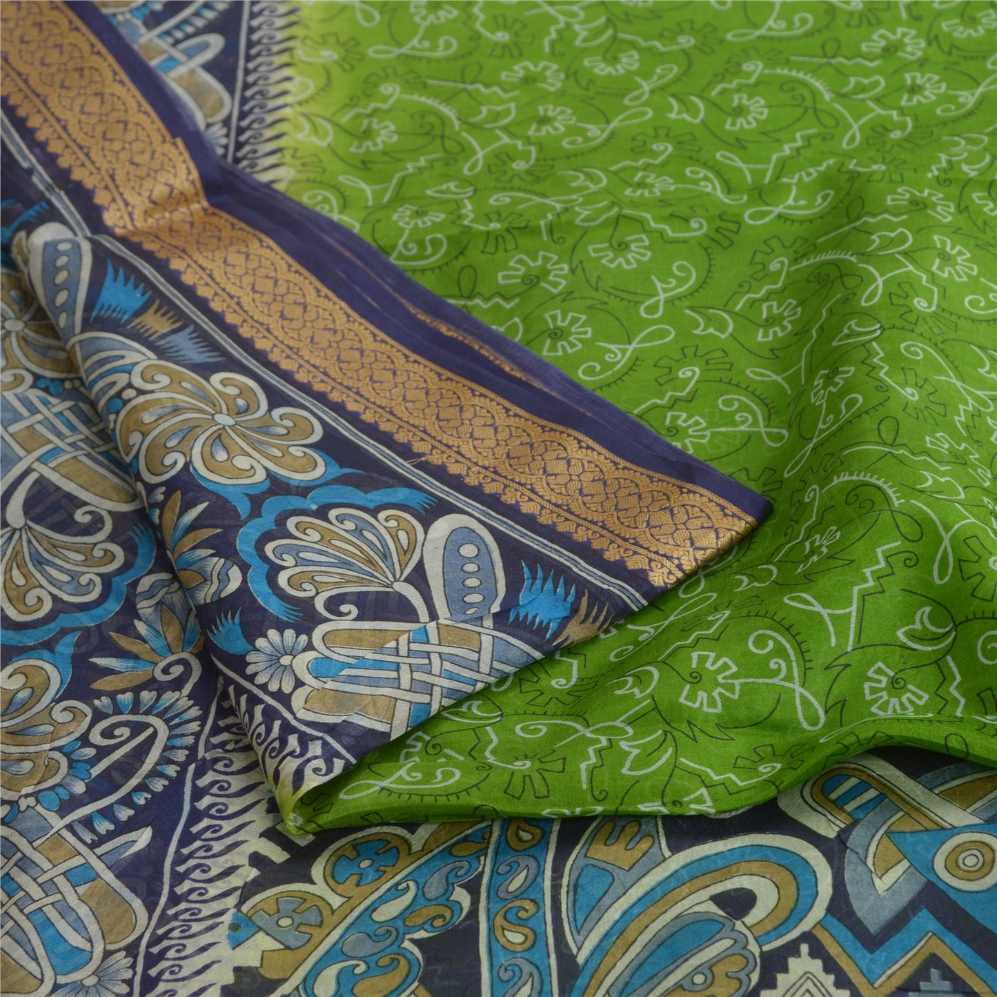 Sanskriti Vintage Sarees Green/Blue 100% Pure Silk Printed Sari 5yd Craft Fabric