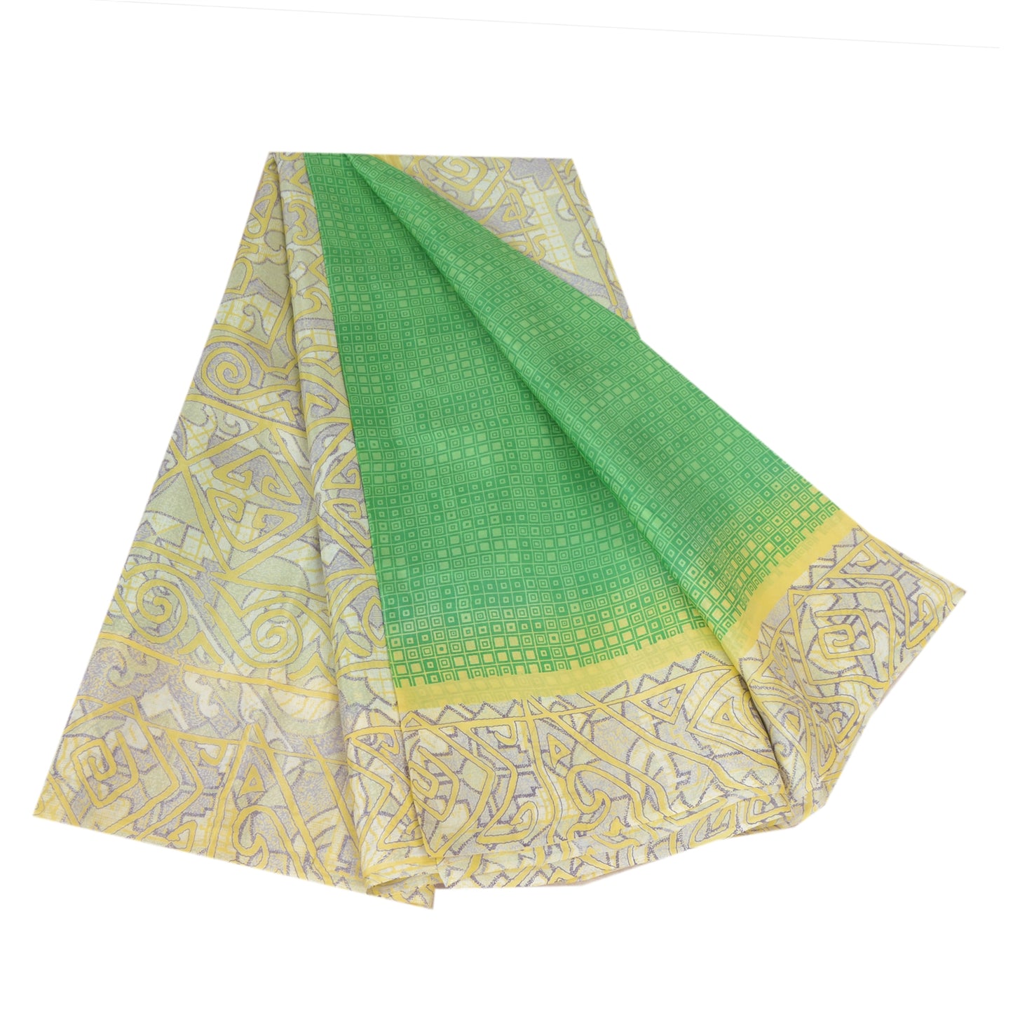 Sanskriti Vintage Sarees Green/Ivory 100% Pure Silk Printed Sari Craft Fabric