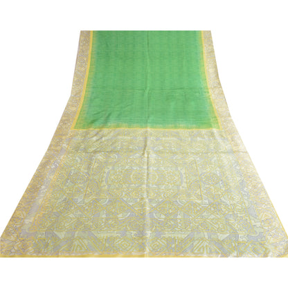 Sanskriti Vintage Sarees Green/Ivory 100% Pure Silk Printed Sari Craft Fabric