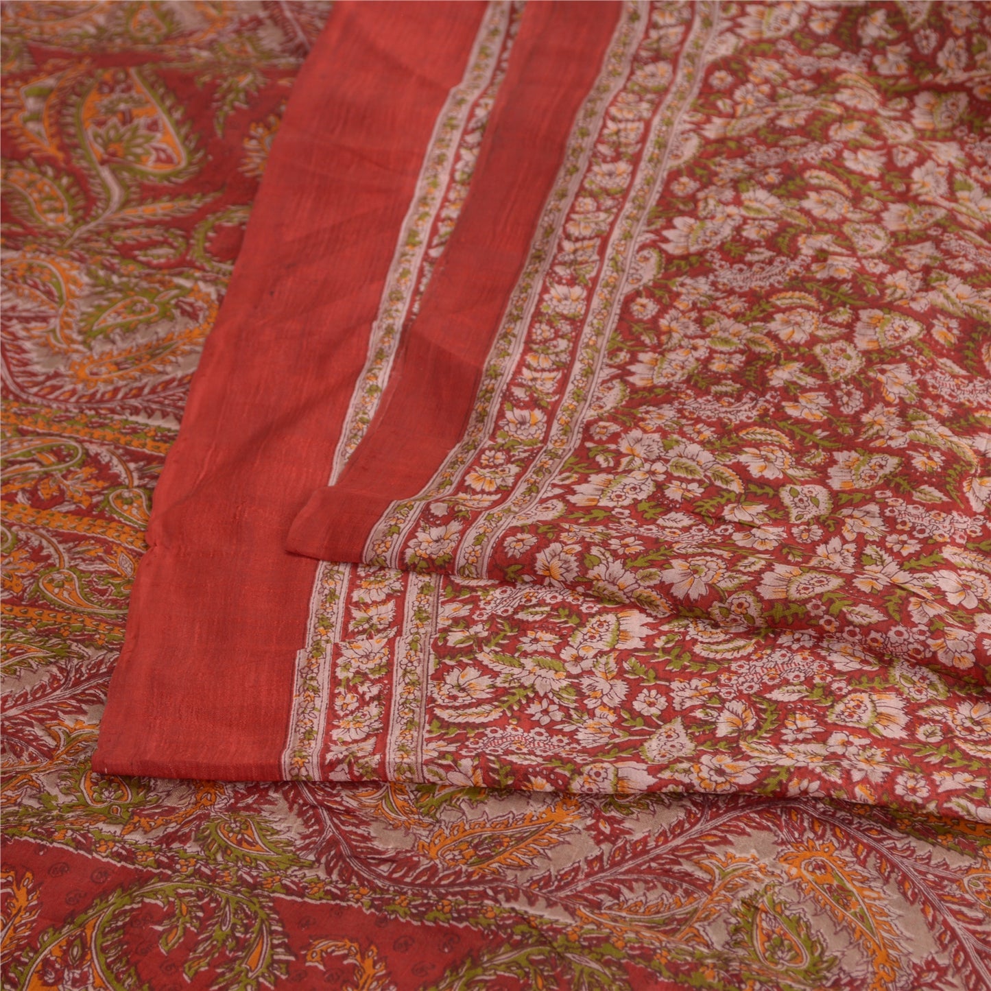 Sanskriti Vintage Sarees Indian Red 100% Pure Silk Printed Sari 5yd Craft Fabric