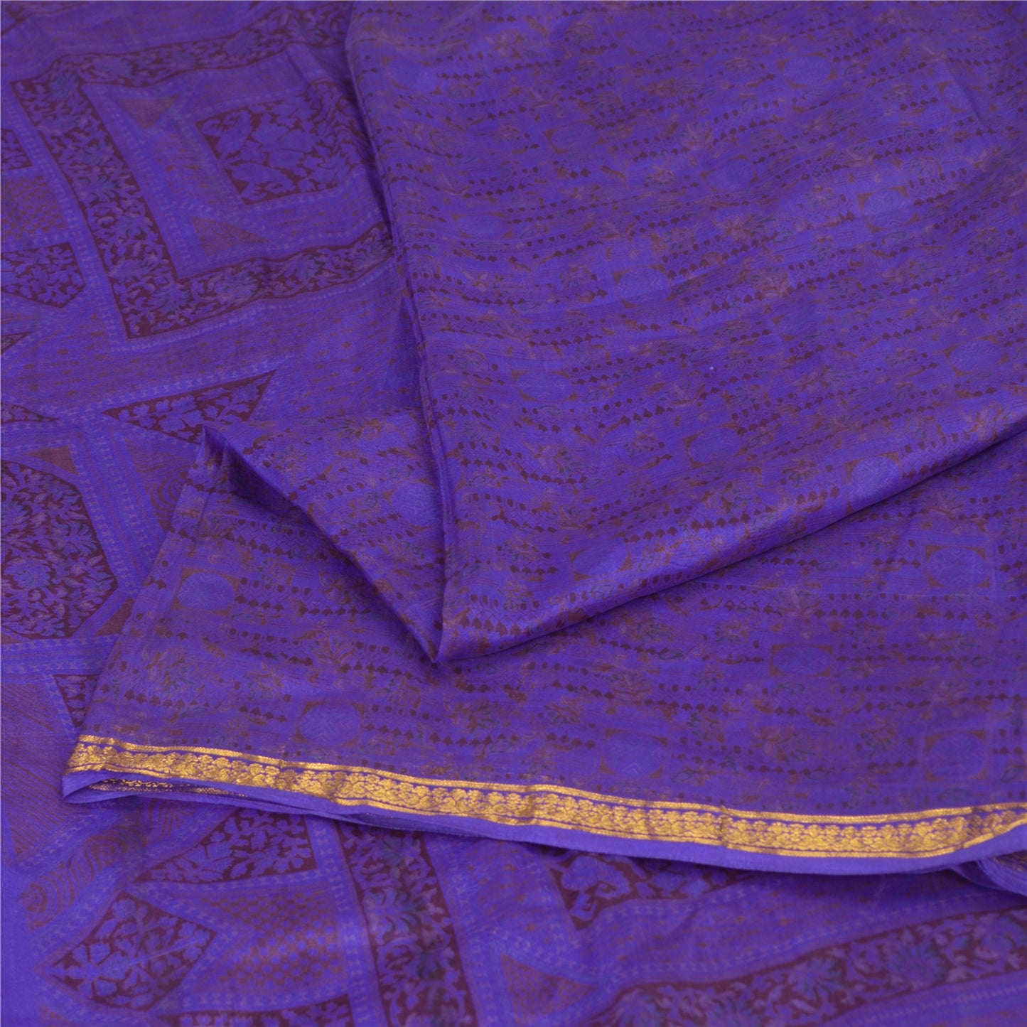 Sanskriti Vintage Sarees Purple Zari Border Pure Silk Printed Sari Craft Fabric