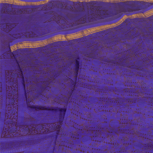 Sanskriti Vintage Sarees Purple Zari Border Pure Silk Printed Sari Craft Fabric