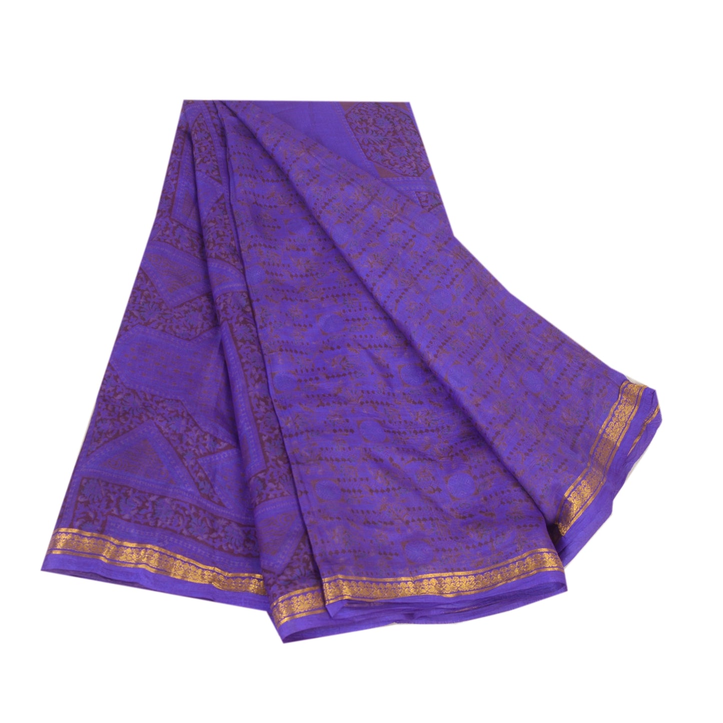 Sanskriti Vintage Sarees Purple Zari Border Pure Silk Printed Sari Craft Fabric