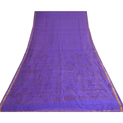 Sanskriti Vintage Sarees Purple Zari Border Pure Silk Printed Sari Craft Fabric