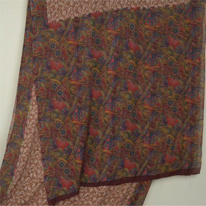 Sanskriti Vintage Sarees Light-Brown Pure Silk Printed Sari Floral Craft Fabric