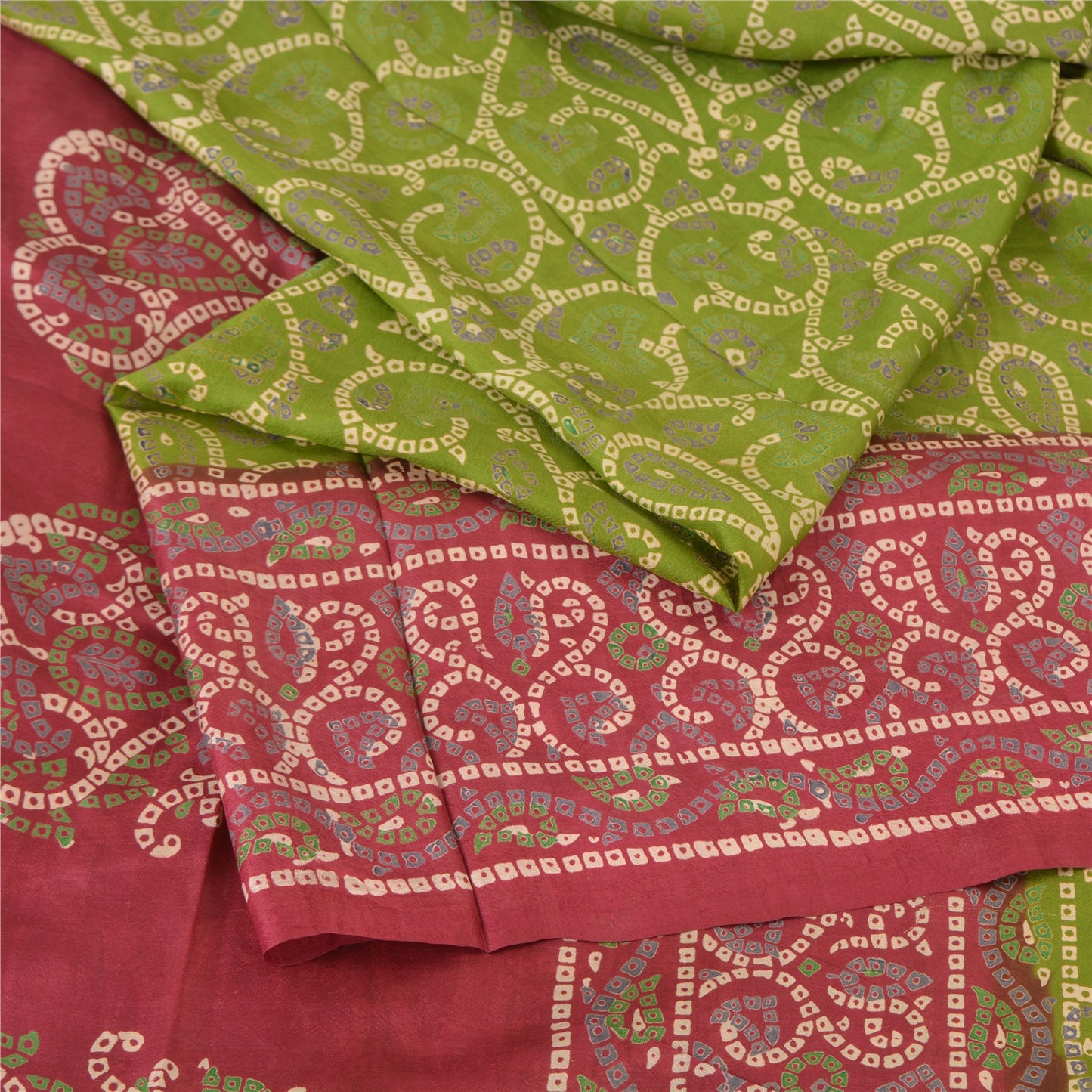 Sanskriti Vintage Sarees Green/Red Bandhani Pure Silk Printed Sari Craft Fabric