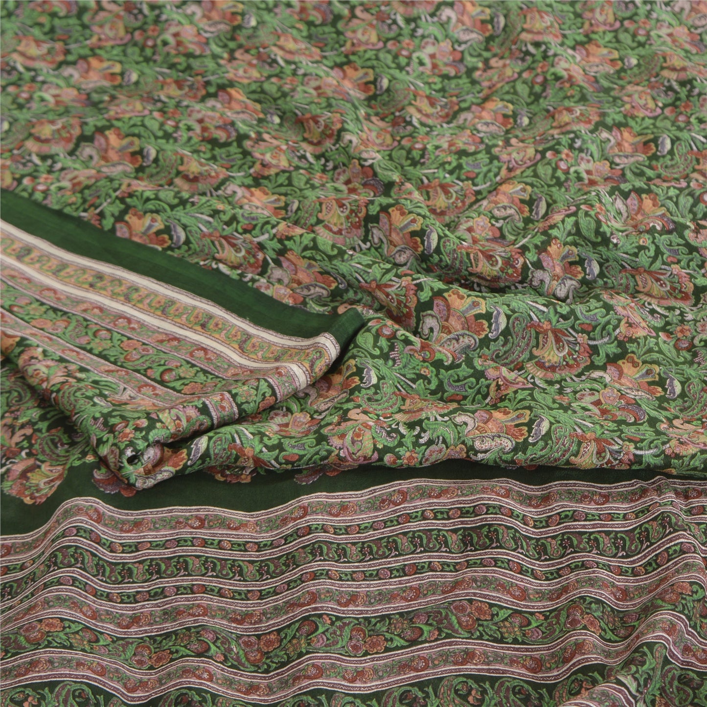 Sanskriti Vintage Sarees Green 100% Pure Silk Printed Sari 6yd Soft Craft Fabric