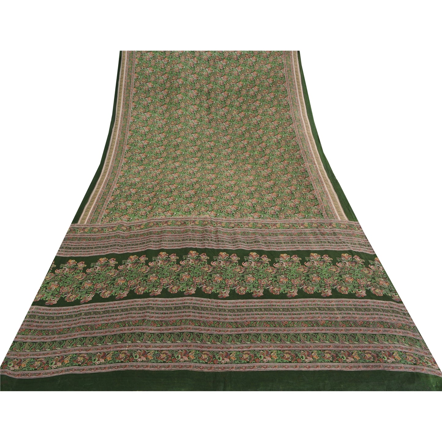 Sanskriti Vintage Sarees Green 100% Pure Silk Printed Sari 6yd Soft Craft Fabric