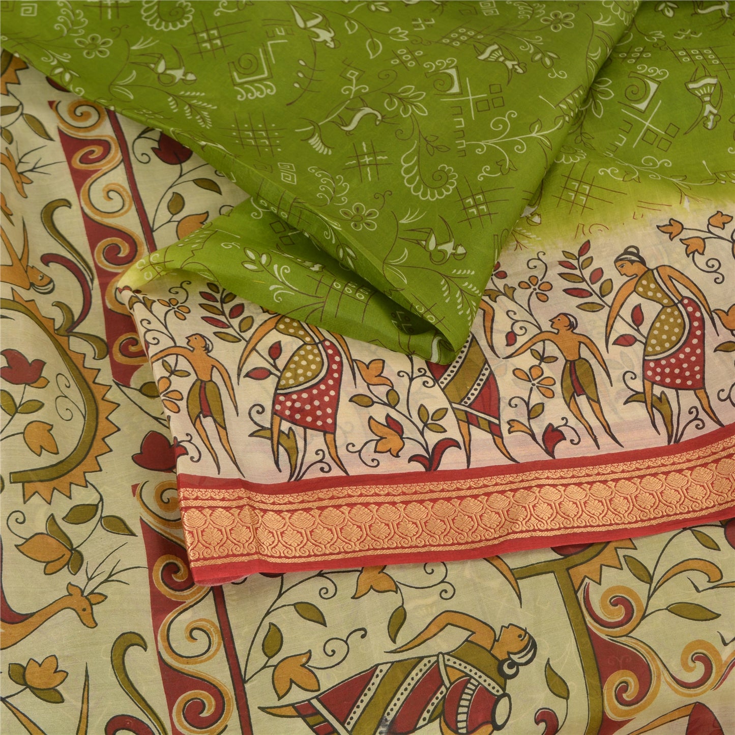 Sanskriti Vintage Sarees Indian Green Pure Silk Human Printed Sari Craft Fabric