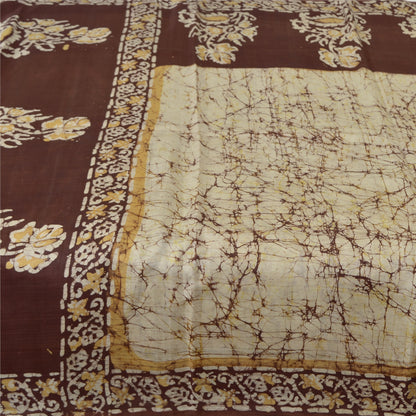 Sanskriti Vintage Sarees Ivory/Brown Batik Work Pure Silk Sari 5yd Craft Fabric