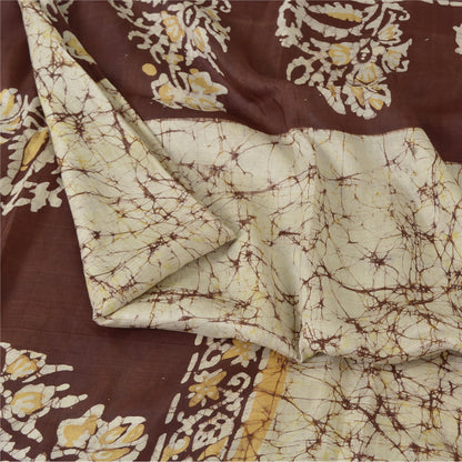 Sanskriti Vintage Sarees Ivory/Brown Batik Work Pure Silk Sari 5yd Craft Fabric