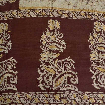 Sanskriti Vintage Sarees Ivory/Brown Batik Work Pure Silk Sari 5yd Craft Fabric