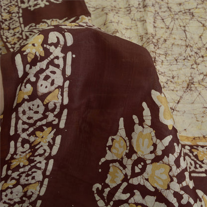 Sanskriti Vintage Sarees Ivory/Brown Batik Work Pure Silk Sari 5yd Craft Fabric