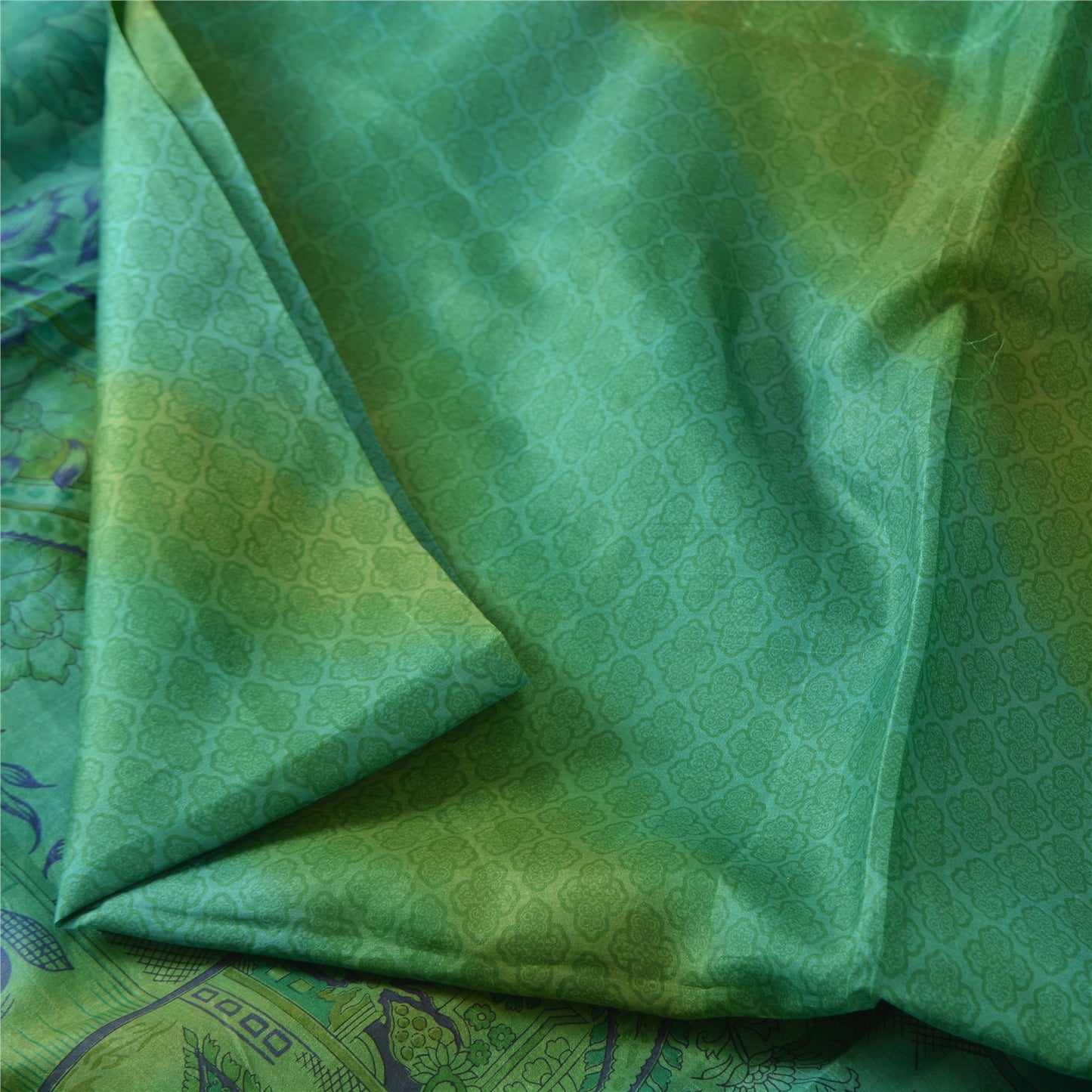 Sanskriti Vintage Sarees Green 100% Pure Silk Printed Sari 5yd Soft Craft Fabric