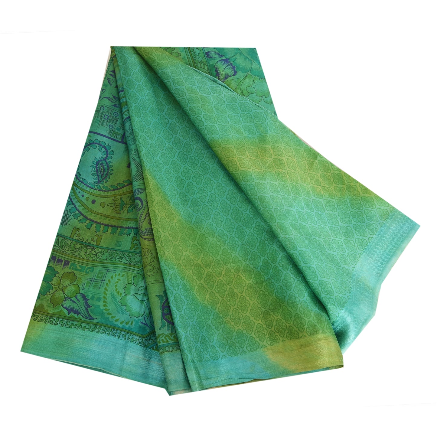 Sanskriti Vintage Sarees Green 100% Pure Silk Printed Sari 5yd Soft Craft Fabric